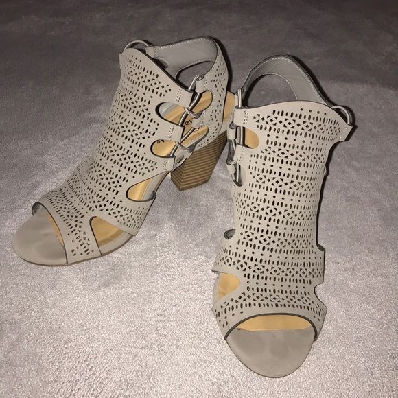 Grey/Taupe Laser Cut Open-toe Booties - Picture 1 of 5